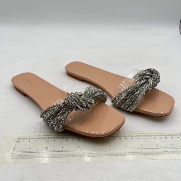 XYD Nude Shiny Rhinestone Straps Slide Sandals Sparkle Fancy Open Toe Slippers - Picture 4 of 8